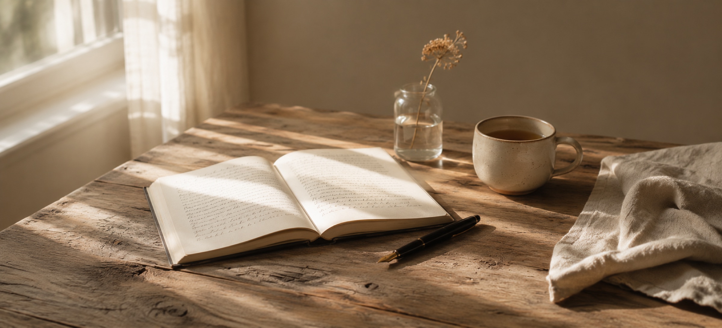 A long view across a worn wood table: an open notebook with handwritten notes, a fountain pen, a ceramic cup of tea, and a single dried flower in soft natural window light.