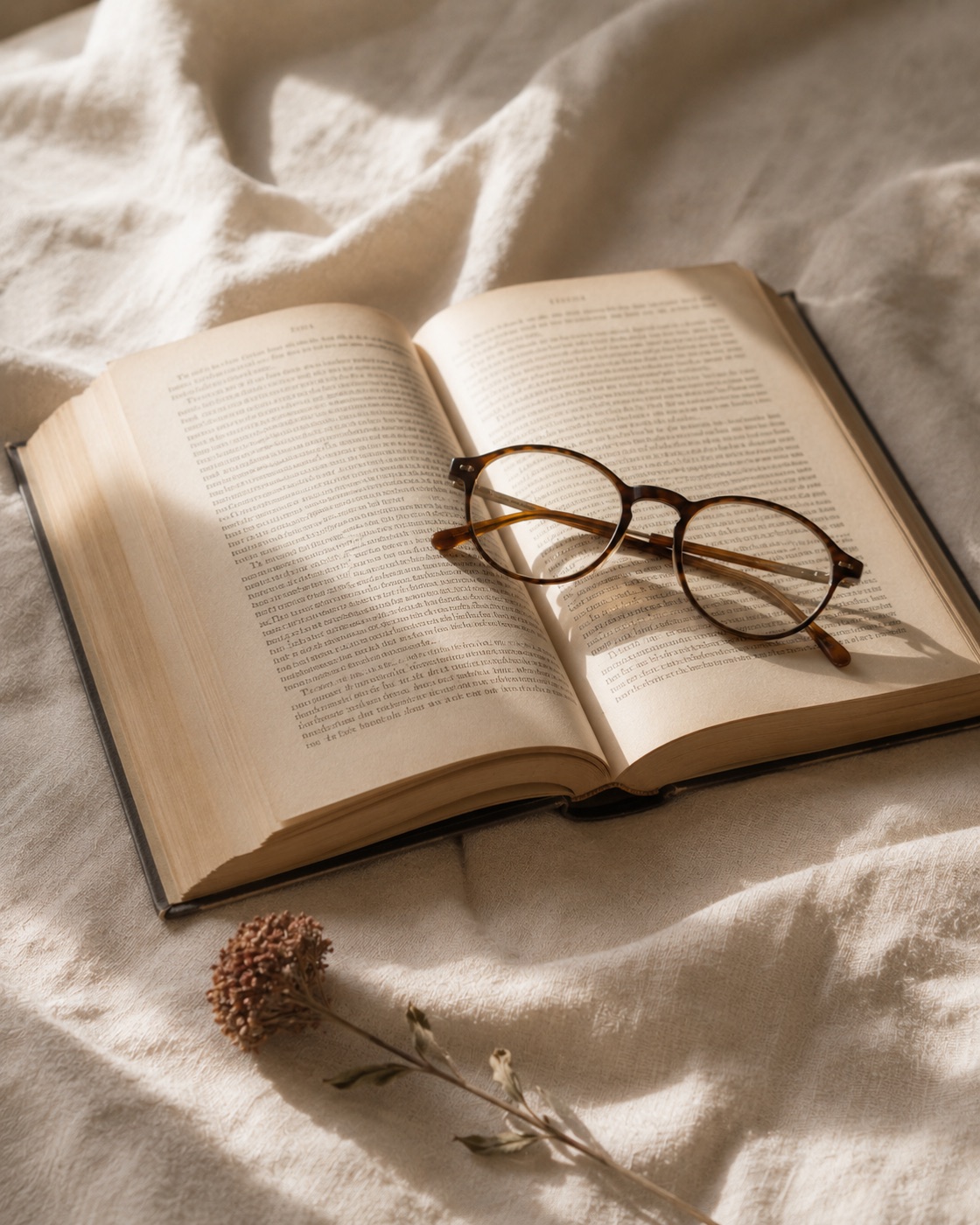 An open book on linen with reading glasses, lit by soft afternoon light.