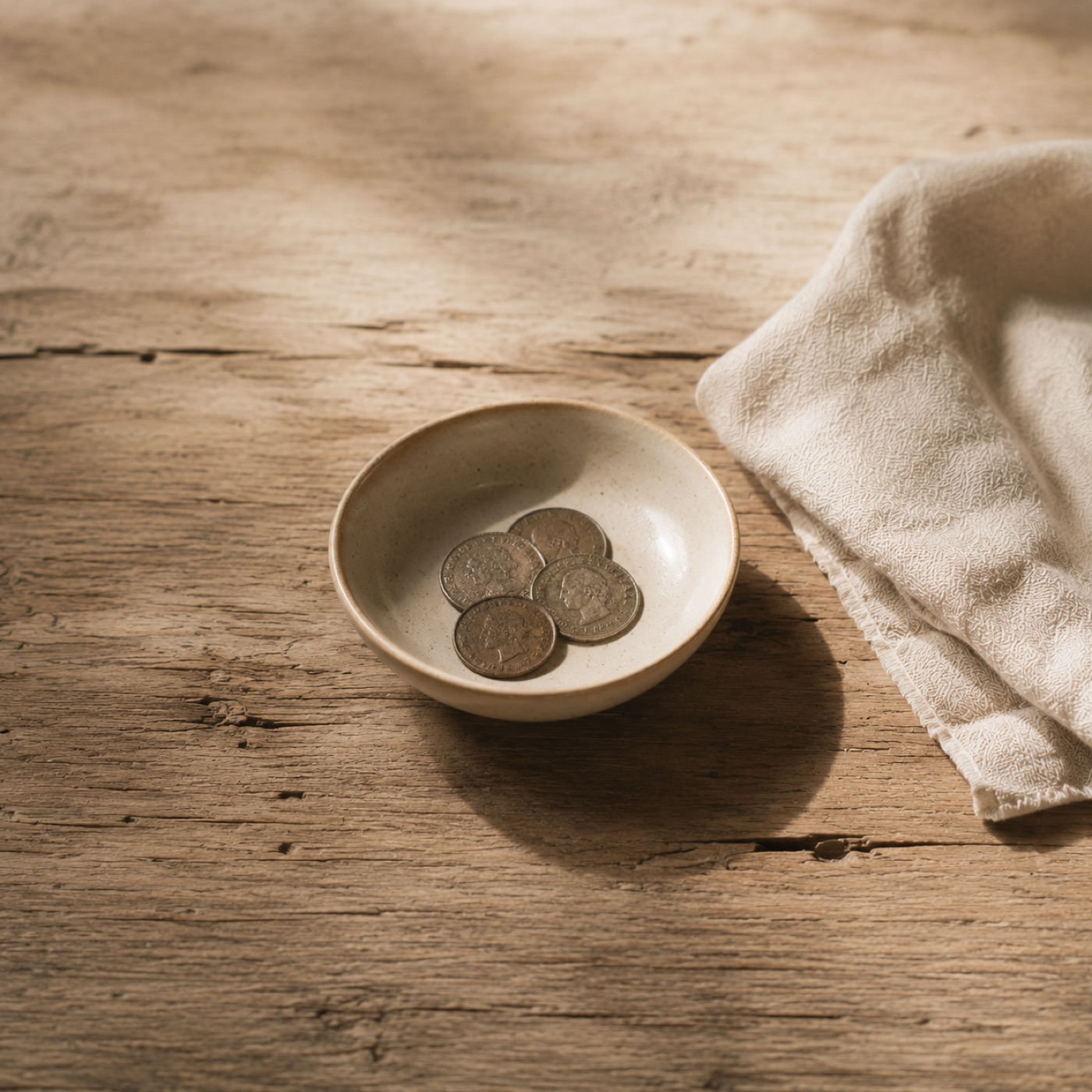 A small cream ceramic dish holding a few weathered coins beside a folded oat linen napkin on a worn wood surface in soft light.