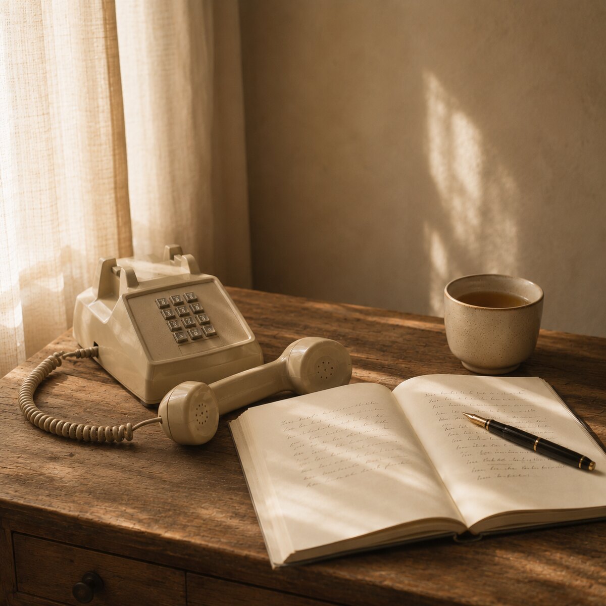 A landline phone resting beside a notebook and cup of tea on a wooden desk, lit by soft afternoon light.