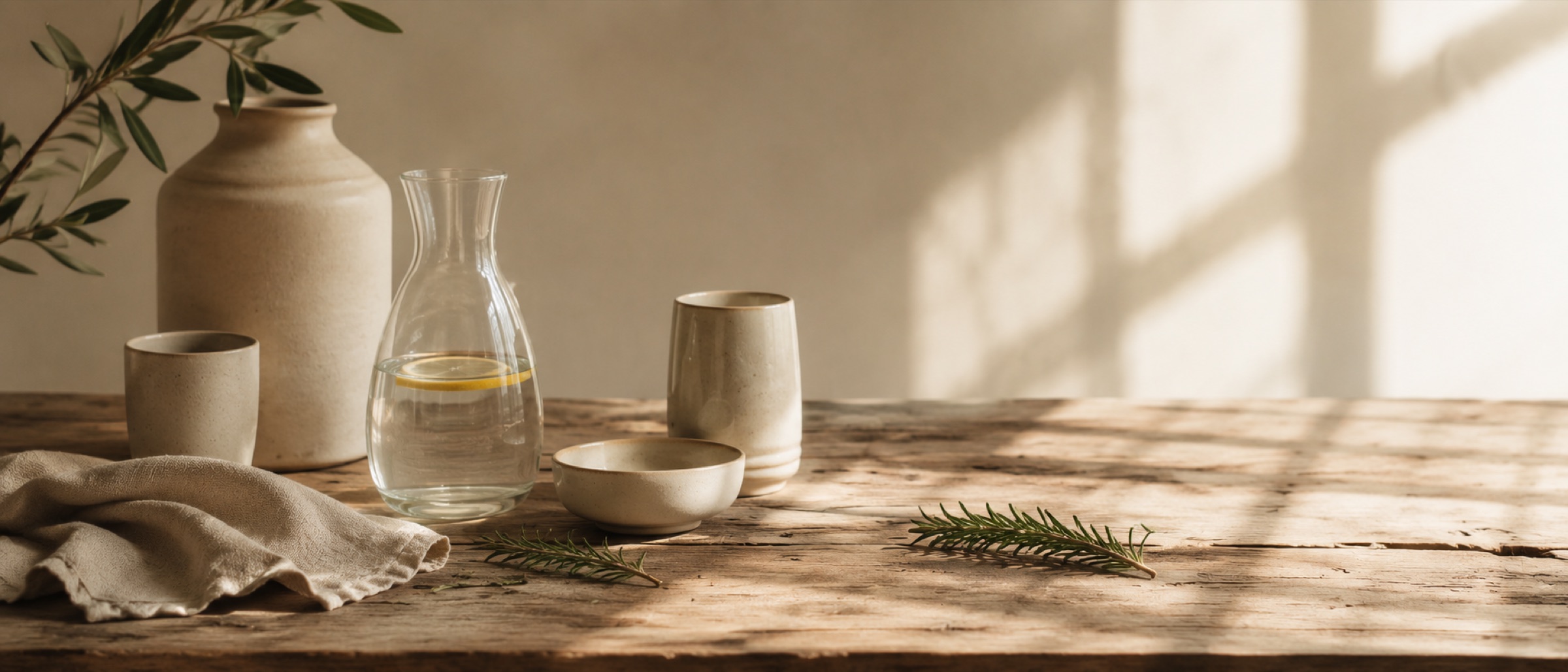 A long still life of ceramic vessels, a glass carafe of lemon water, and rosemary sprigs on a worn wood table by a sunlit window.