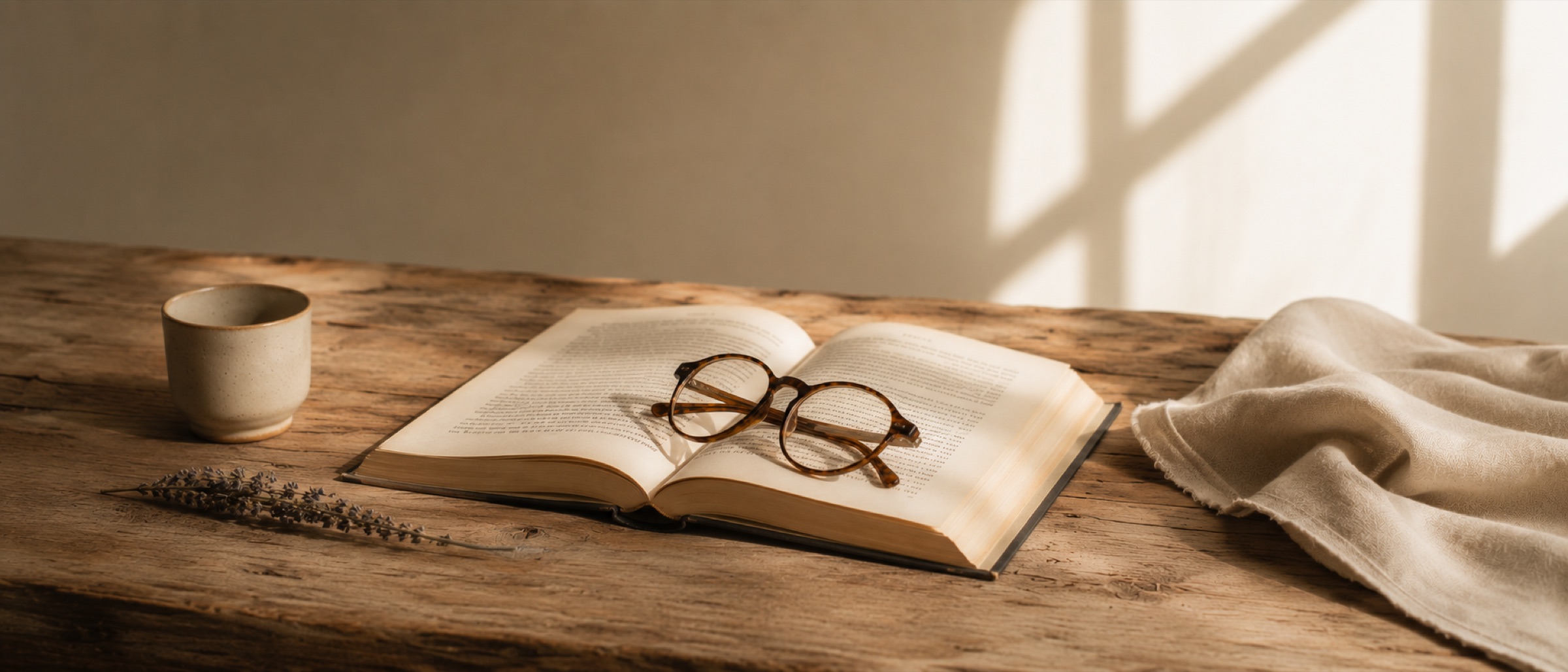 A long shot of an open book on a worn wood desk in soft side light, with a small ceramic vessel and a sprig of dried herbs nearby.