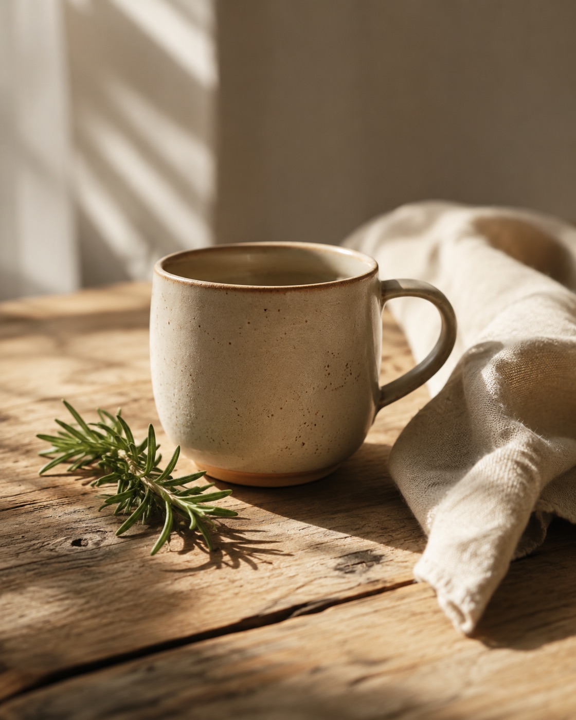 A ceramic mug on a worn wood surface with morning light and a sprig of rosemary.