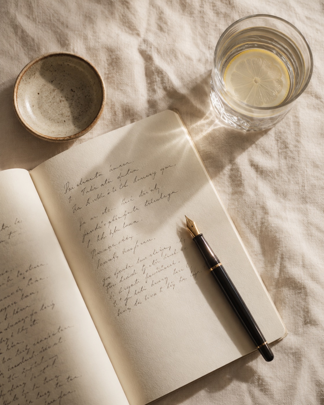 Overhead still life of an open notebook with handwritten notes, a glass of water, and a small ceramic dish.