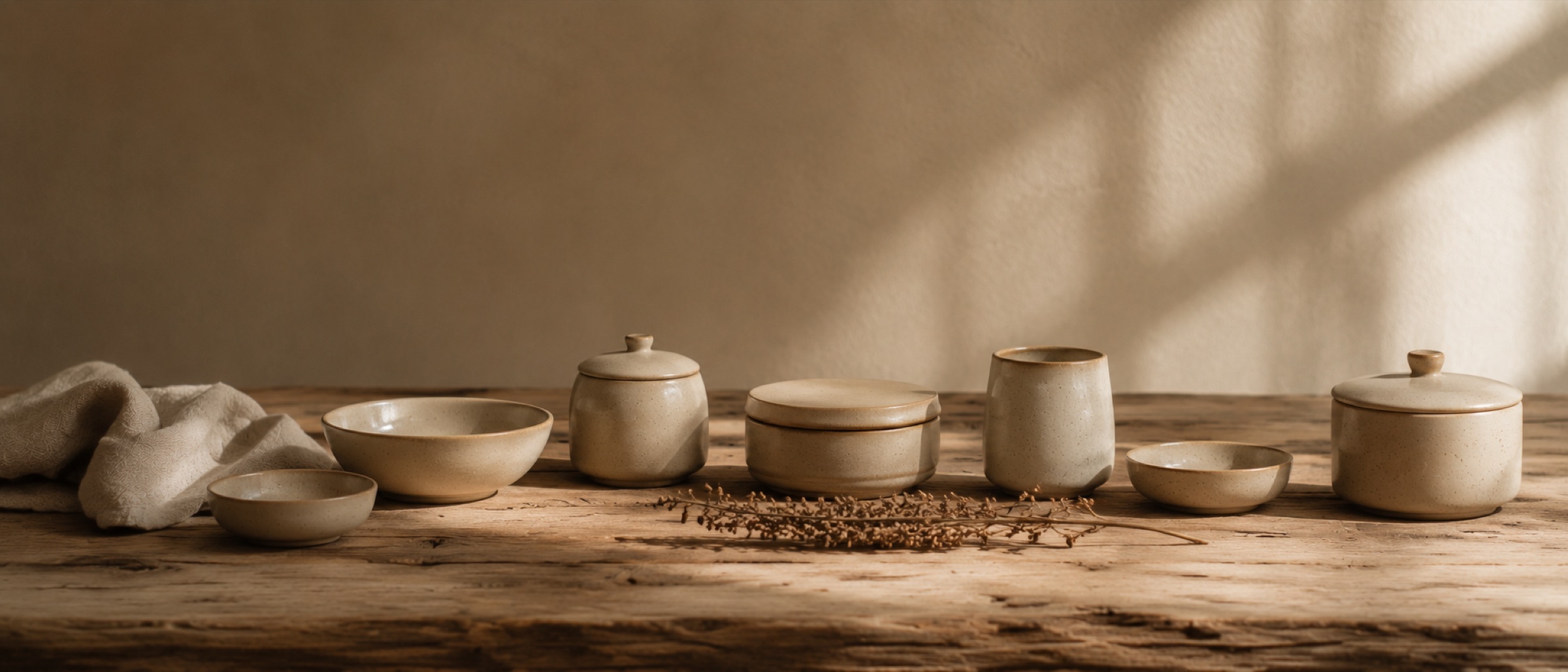 A measured arrangement of small ceramic vessels and a folded oat linen napkin on a long worn wood surface in soft side light.